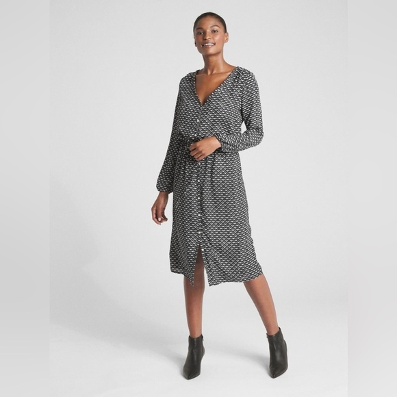 NWT GAP Black White Geomtric Print Long Sleeve Button Down Midi Shirt Dress sz S - Picture 2 of 16